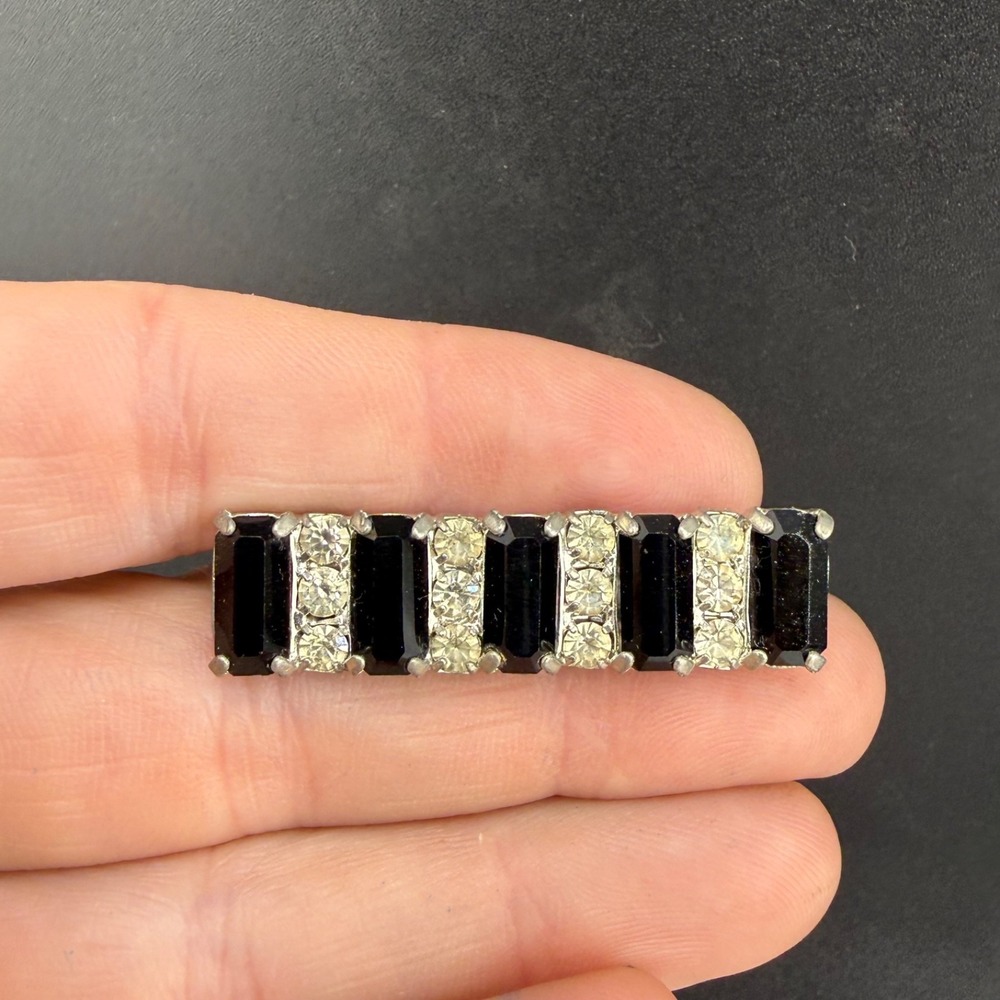 Vintage Rhinestone Bar Brooch Silver Tone Black and White Sparkle